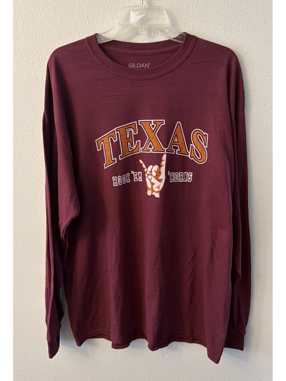 Texas Longhorns Hook Em’ Horns Long Sleeve Maroon Shirt XL Gildan Tag